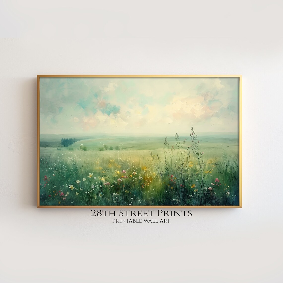 Sunlit Wildflower Meadow Misty Green Morning Haze Spring Landscape Art Print - Image 2