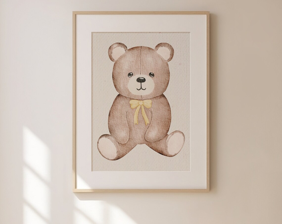 Brown Teddy Bear With Yellow Bow Blue Toile Nursery Decor Poster