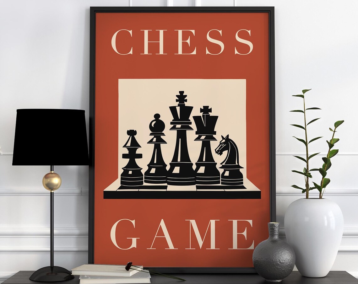 Silhouette Vintage Chess Game Terracotta Retro Board Art Poster