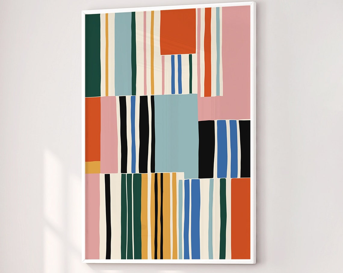 Colorful Geometric Stripes Abstract Poster in Mid Century Style