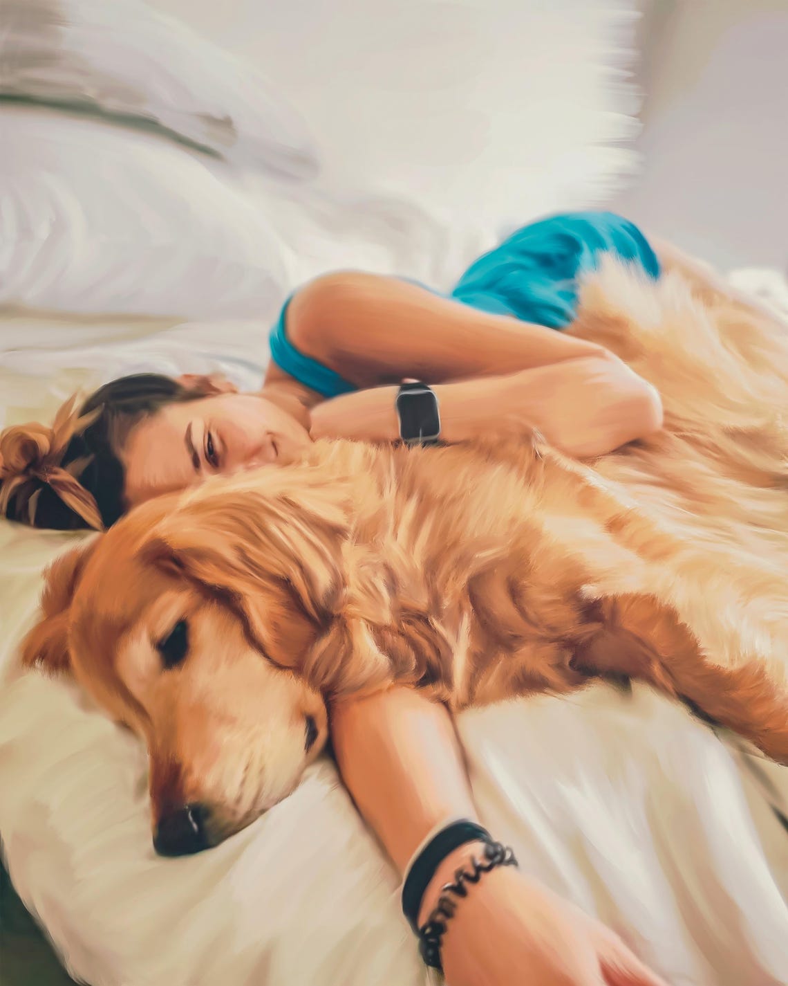 Custom Watercolor Couple Portrait With a Golden Retriever Puppy Poster - Image 3