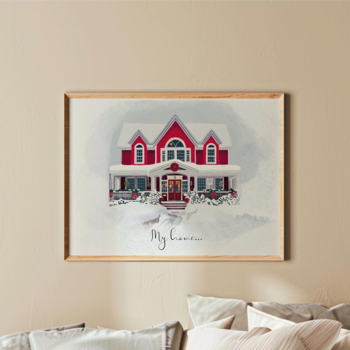Snowy Red Brick House Watercolor with My Home Script Text Poster - Image 5