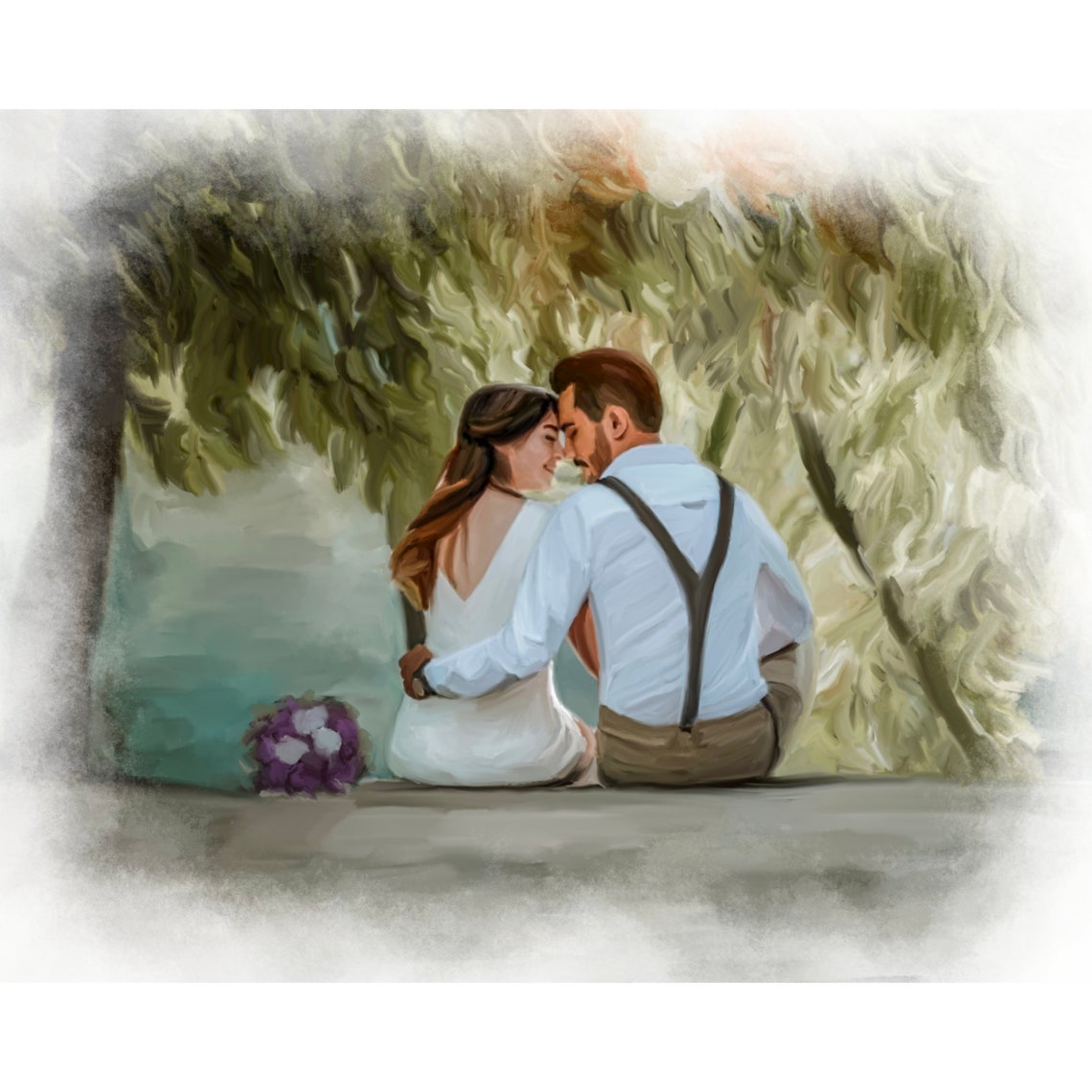Custom Watercolor Wedding Painting Couple Under Tree Bouquet Gift Poster