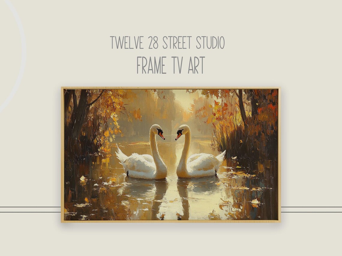 Two Swans Heart Shape Autumn Lake Golden Romance Painting Wall Art