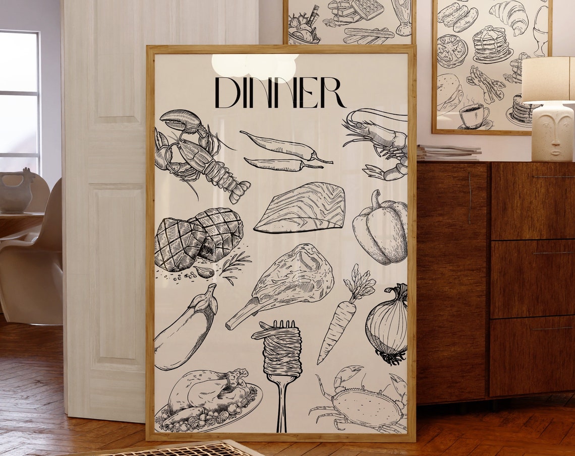 Sketch Style Dinner Ingredients Illustrated Kitchen Decor Poster