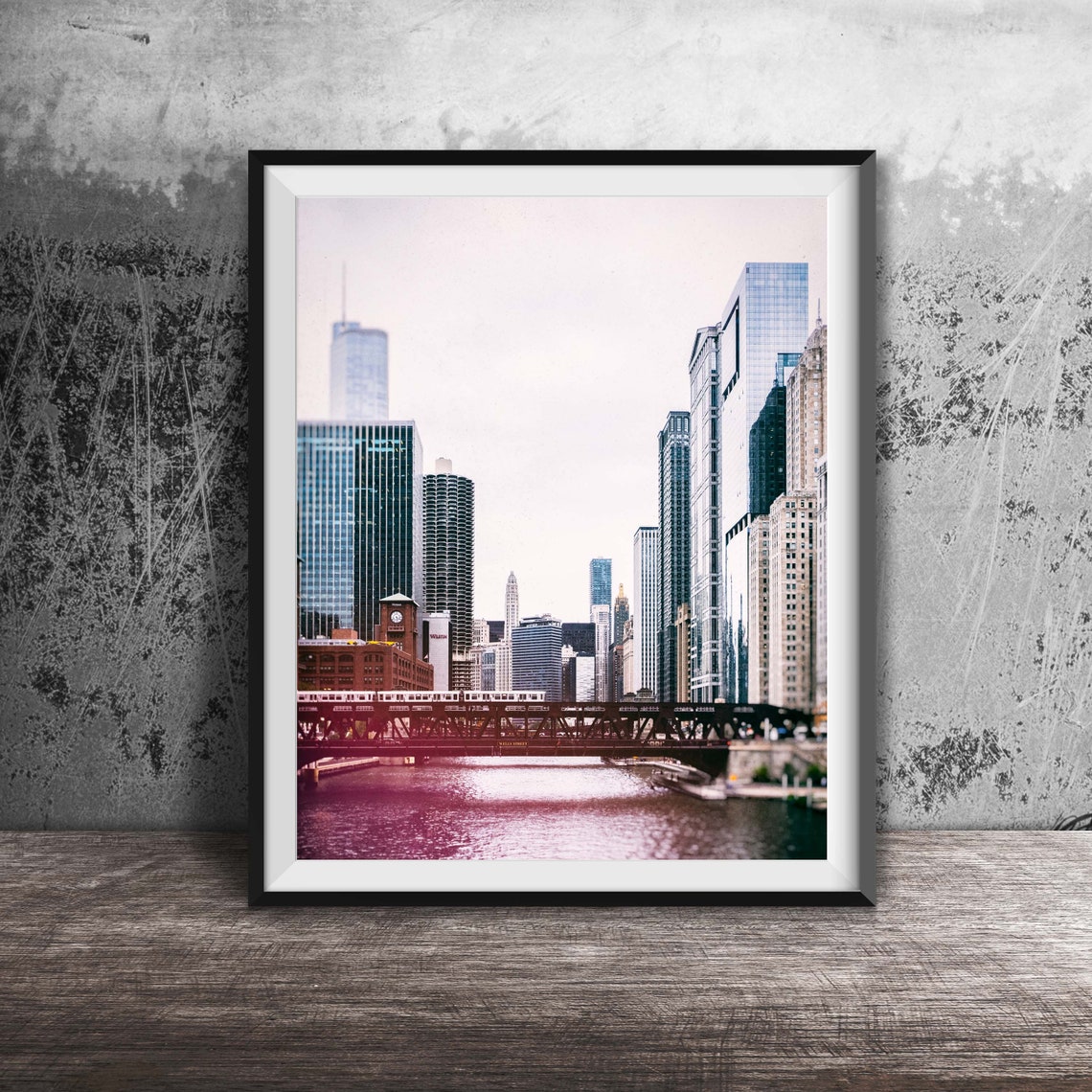 Chicago River Skyline With Train Crossing Bridge Daytime Poster