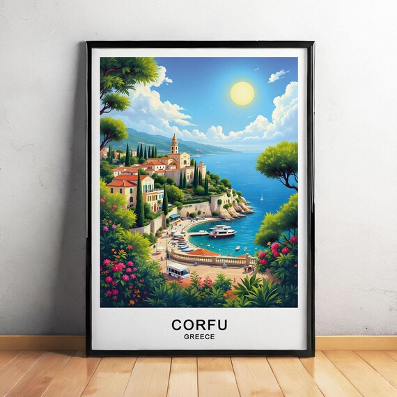 Corfu Greece Seaside Village Harbor Boats Flower Garden Poster