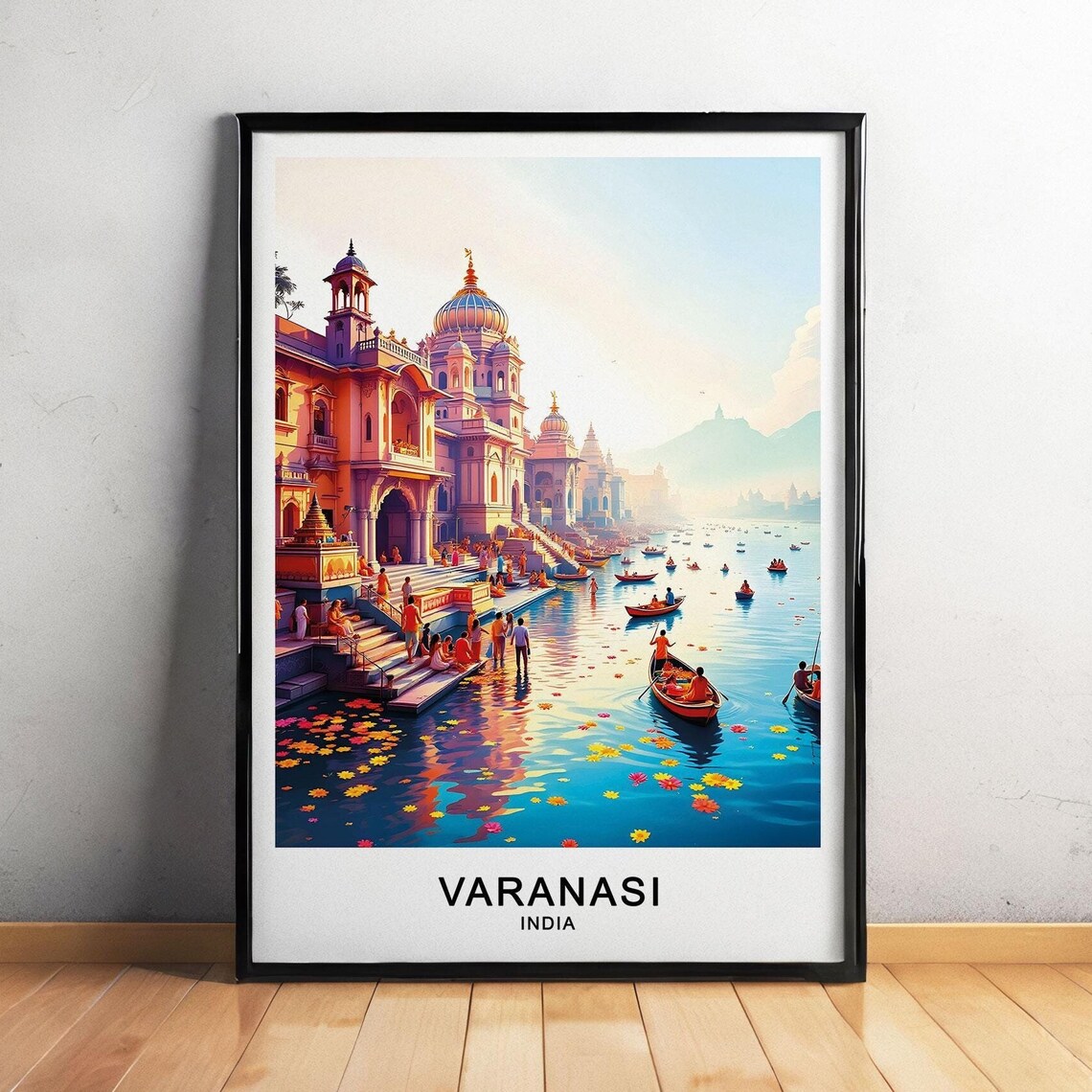 Varanasi India Ganges River Ghats Temple Boats Marigold Morning Poster