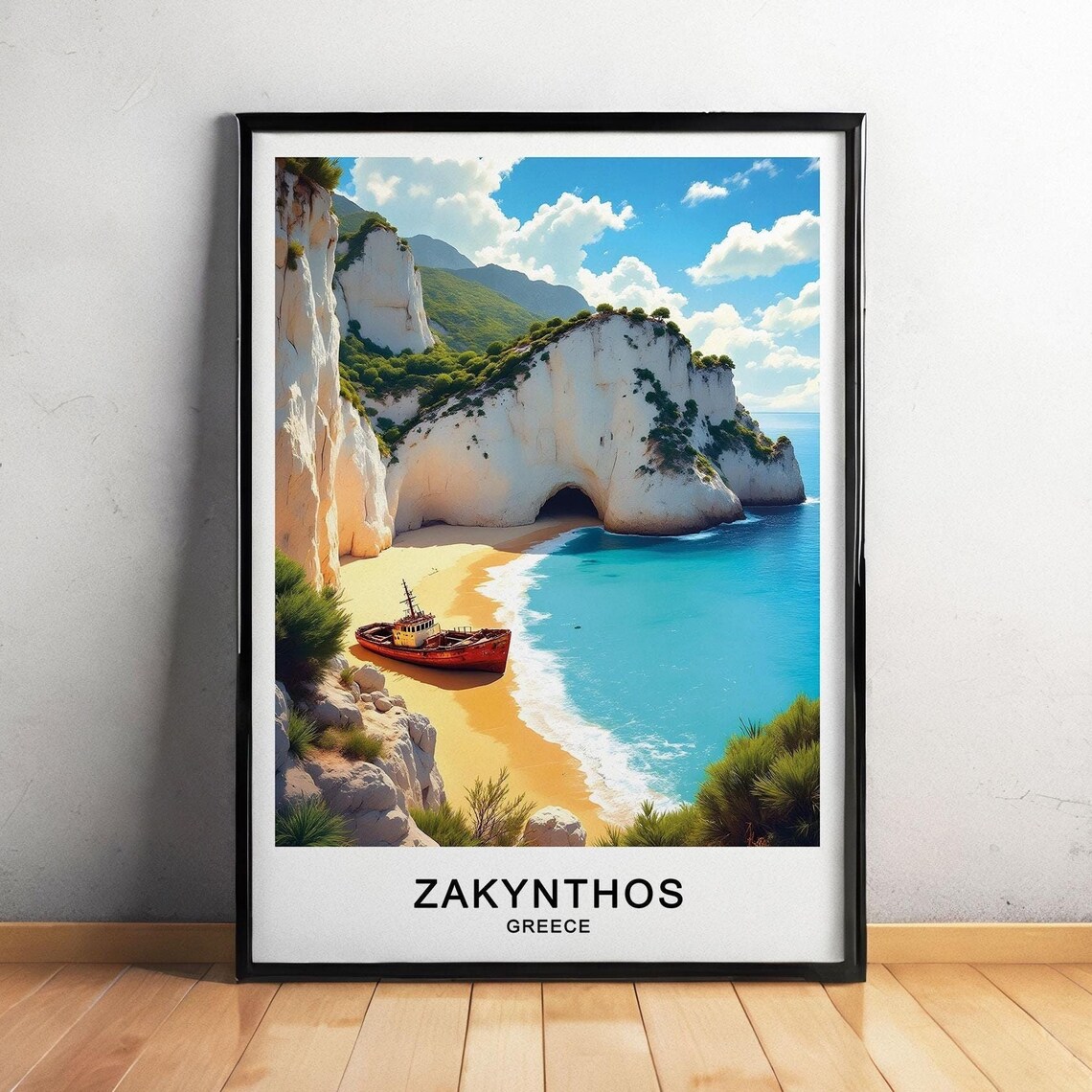 Zakynthos Greece Navagio Shipwreck Beach Turquoise Water White Cliffs Travel Poster