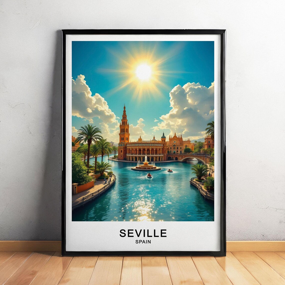 Seville Spain Plaza de Espana Canal Fountain Palm Sunny Travel Poster