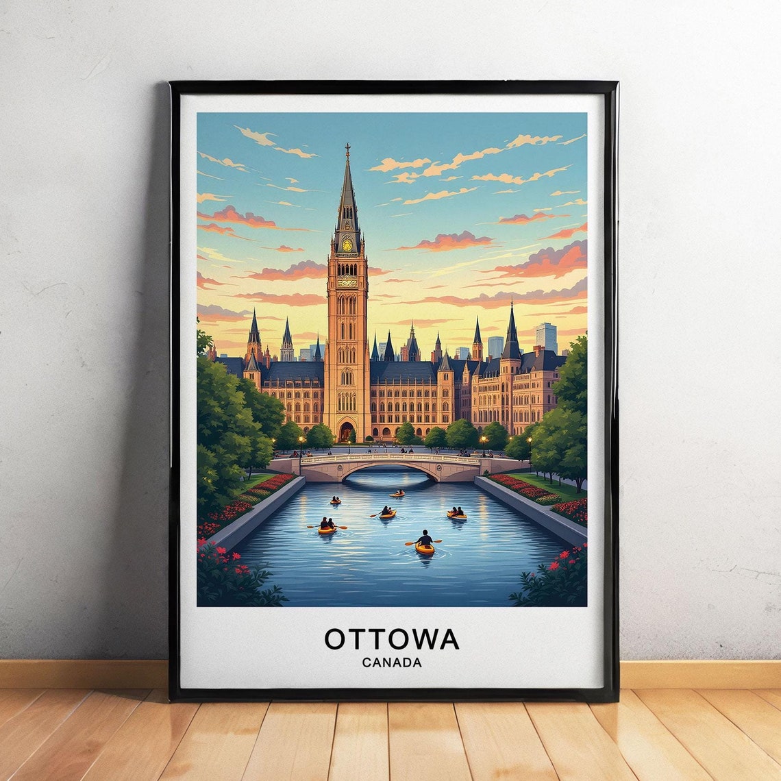 Ottawa Canada Parliament Hill Gothic River Kayaks Sunset Poster
