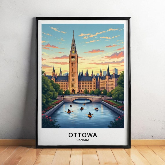 Ottawa Canada Travel Poster Parliament Hill Historic Architecture Scenic River Wall Art Travel Poster
