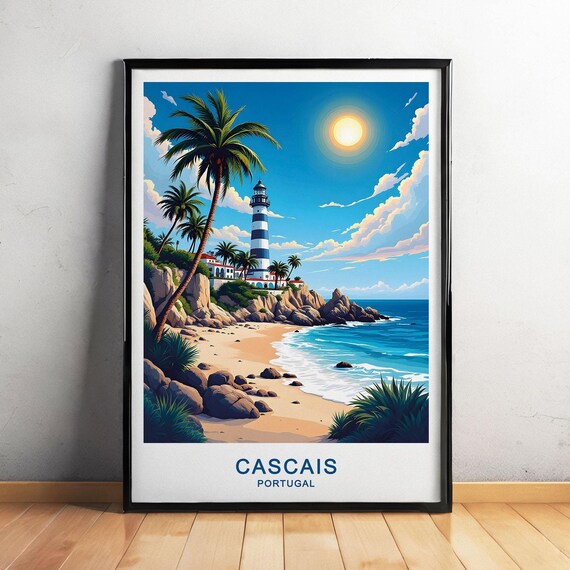 Cascais Portugal Lighthouse Rocky Beach Palm Trees Ocean Sunset View Poster
