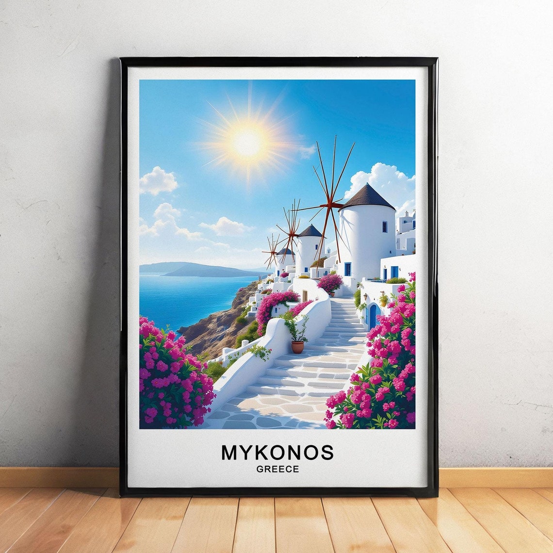 Mykonos Greece Travel Poster Iconic Windmills Blue Waters And Cycladic Architecture Wall Art Gift Poster