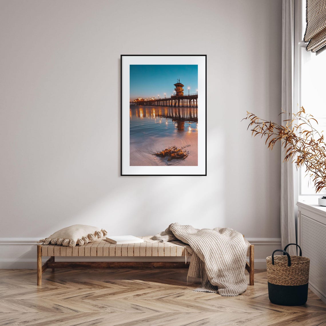 Ocean Pier Glowing at Blue Hour with Lights Reflected on Water Print - Image 2