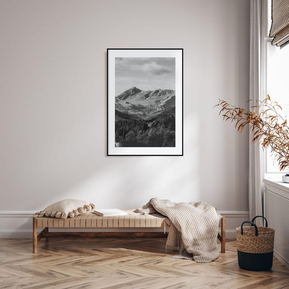 Rugged Mountain Peak Above Dark Forest Black And White Photo Poster - Image 2