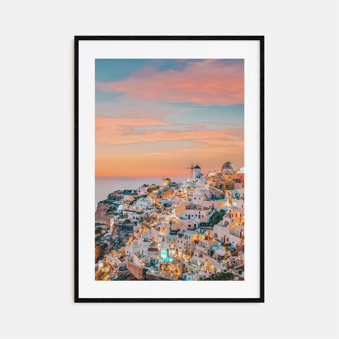 Greece Santorini Whitewashed Village Above the Sea Sunset Print