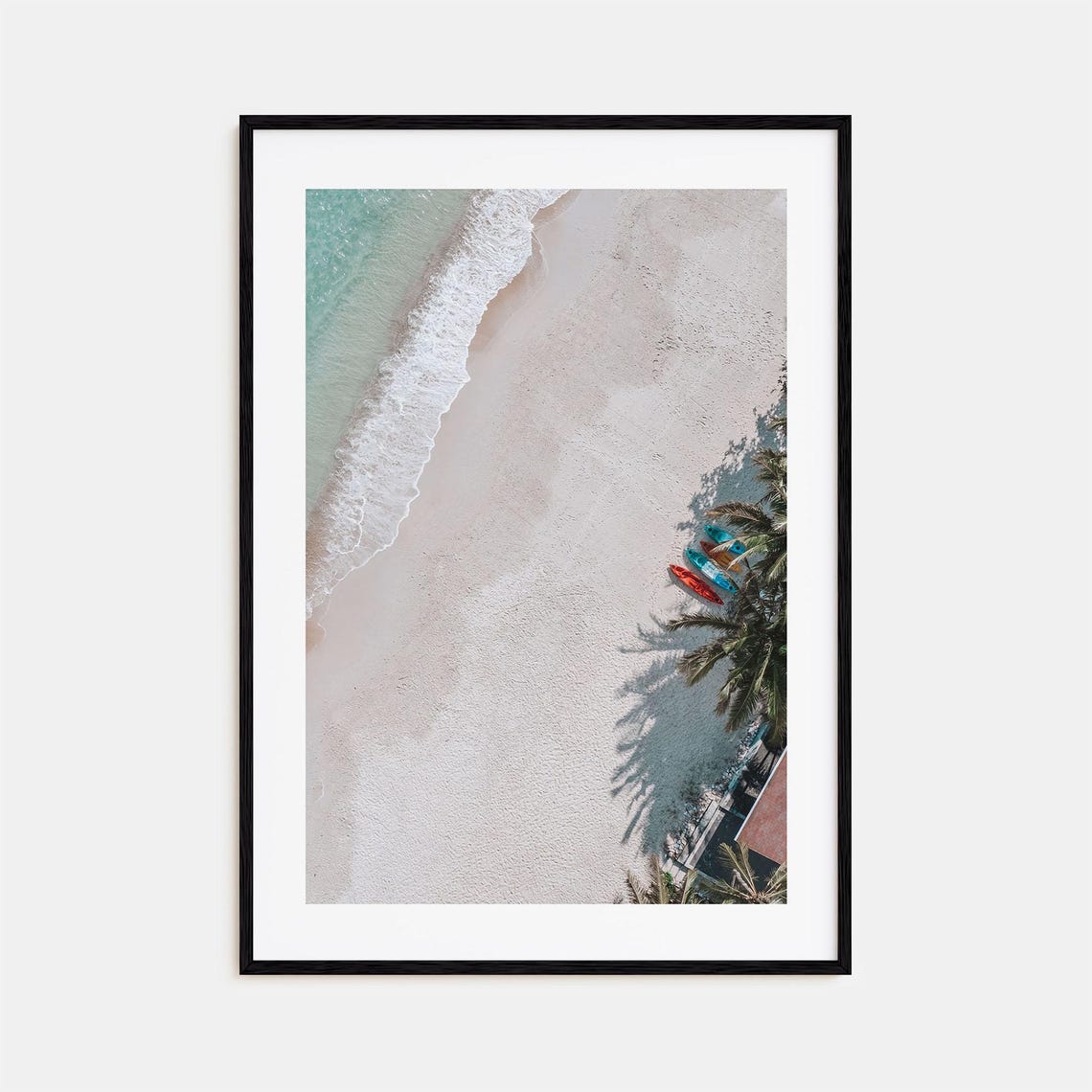 Aerial Beach View with Colorful Kayaks on White Sand Ocean Print