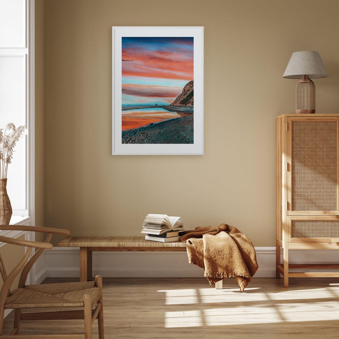 Beach Sunset Orange Sky Reflection on Wet Sand Photo Art Print - Image 3