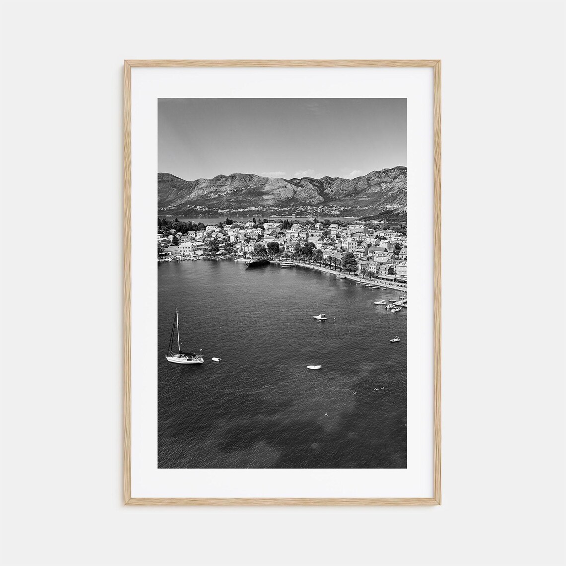 Cavtat Croatia Coastal Town Bay Sailboats Mountains Black White Poster