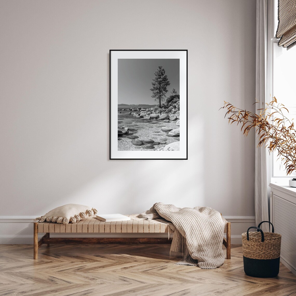 Lake Tahoe Rocky Shore Lone Pine Black And White Nature Poster - Image 2