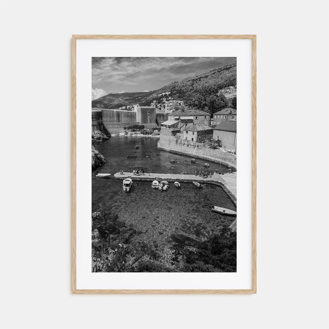 Old Walled Harbor Town With Boats Black and White Travel Poster