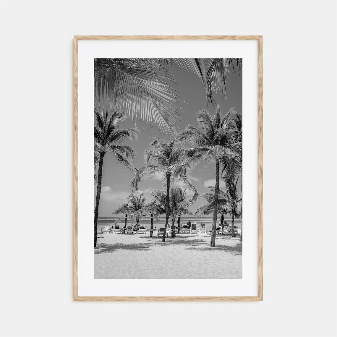 Aruba Palm Tree Beach Lounge Chairs Ocean View Black and White Poster