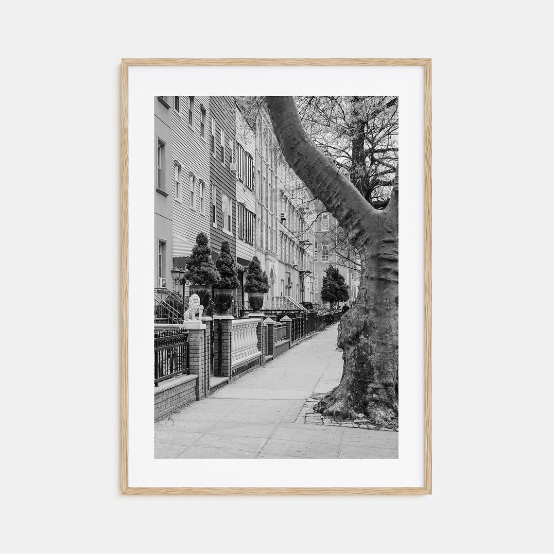 Historic Brownstone Street With Lion Statue Black White Poster