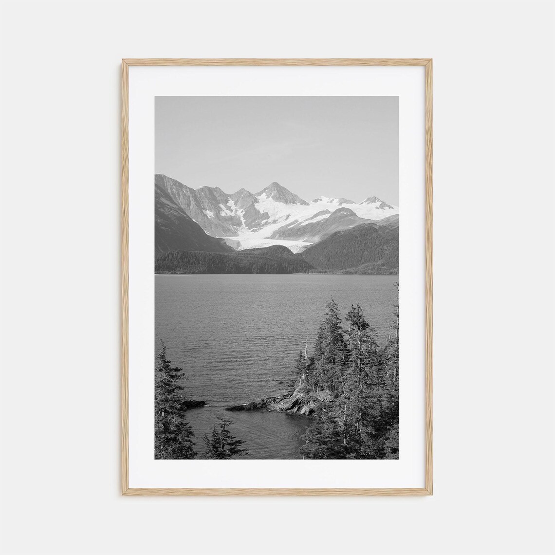 Whittier Alaska Glacier Snowy Peaks Black and White Photo Poster