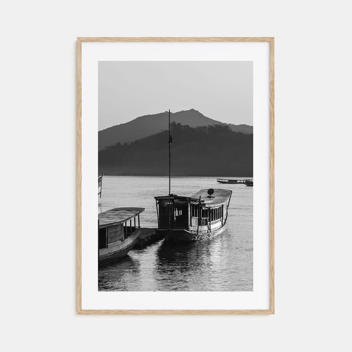 Wooden River Boats Under Mountain Silhouettes Black White Poster