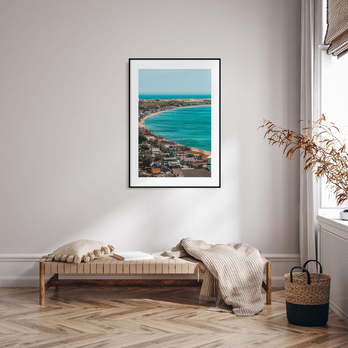 Sunny Coastal Beach Town Curving Turquoise Bay Aerial View Poster - Image 2
