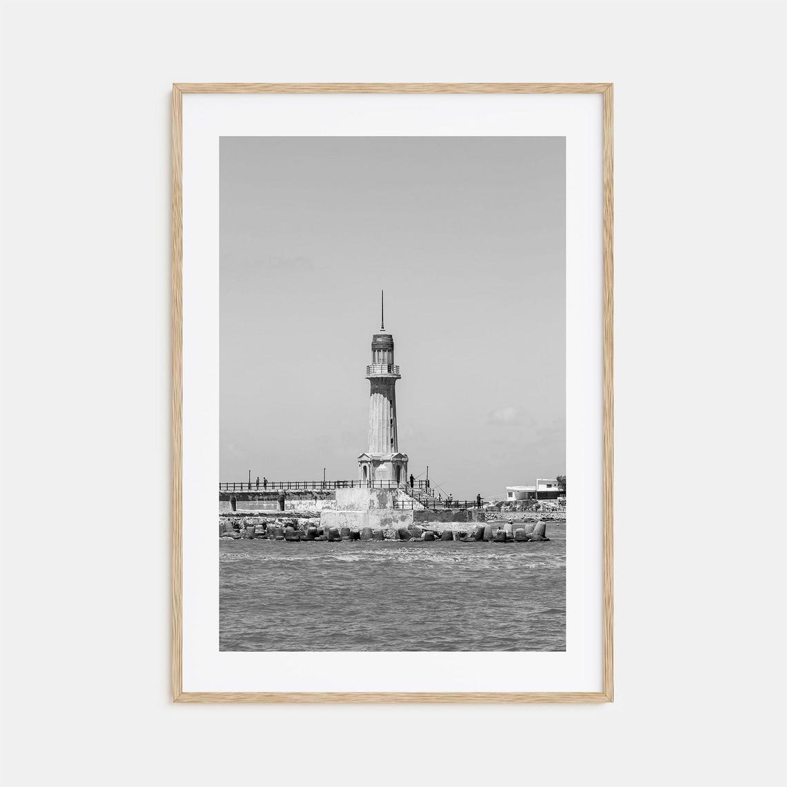 Lighthouse on Ocean Breakwater Black and White Nautical Poster