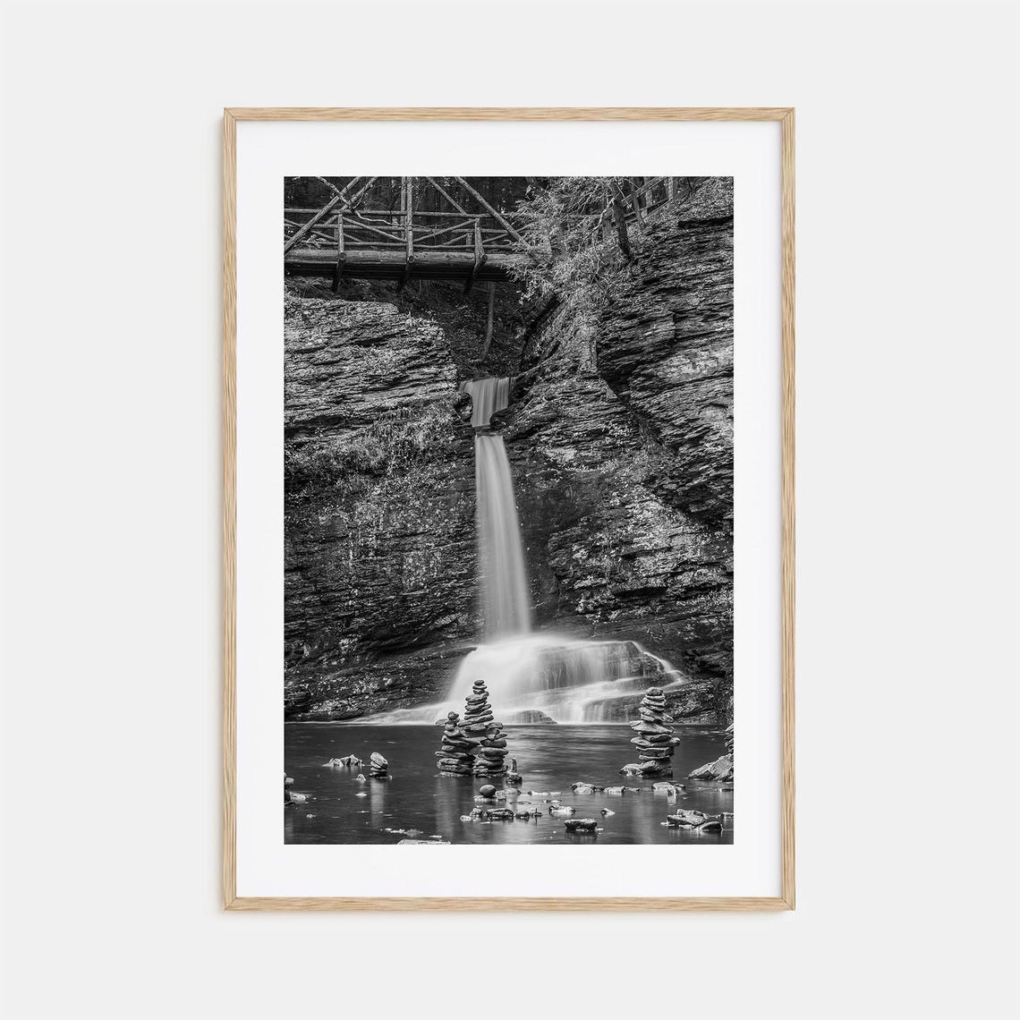 Pocono Mountains Waterfall Falls Footbridge Black and White Poster