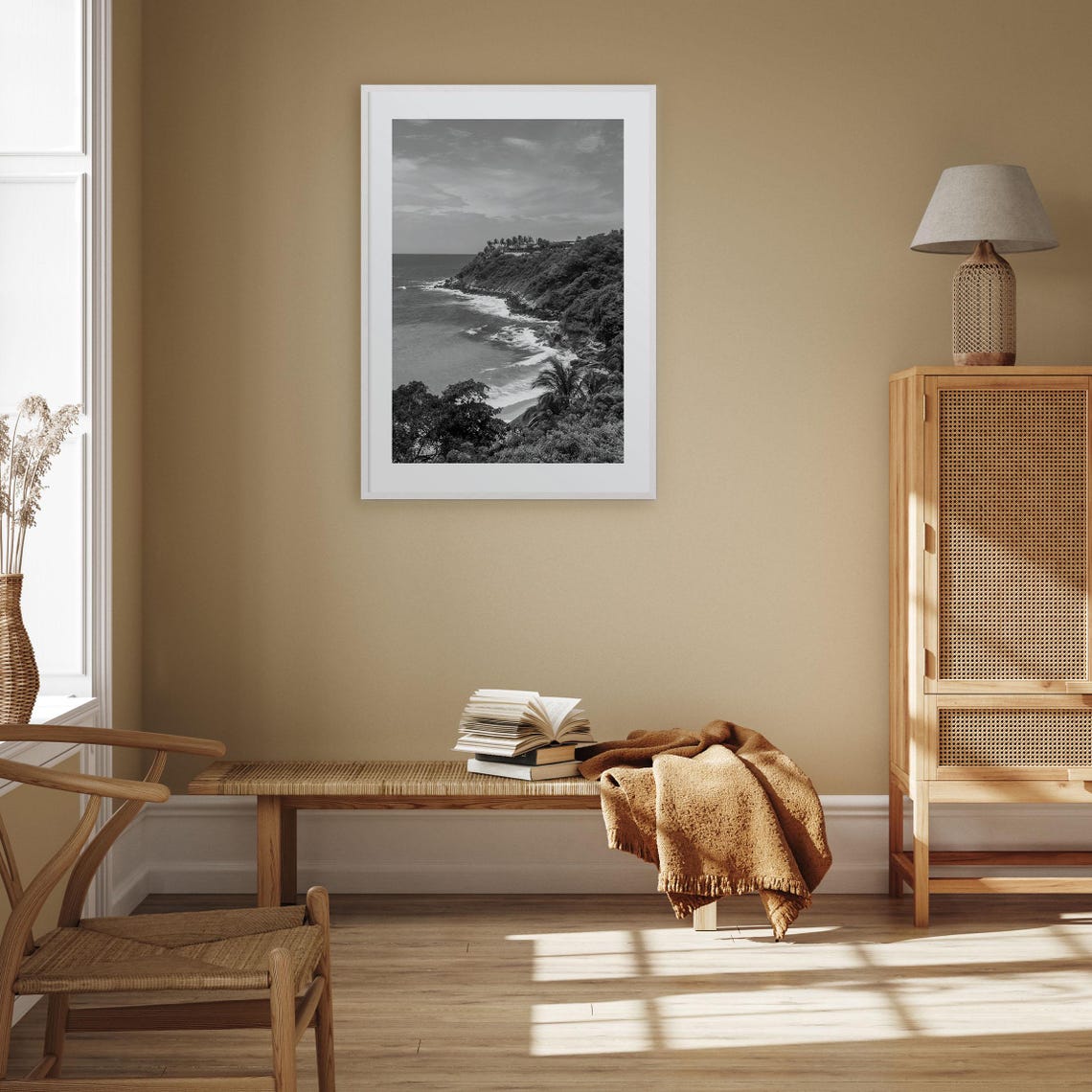 Puerto Escondido Mexico Cliffside Coast Palms Black and White Poster - Image 3