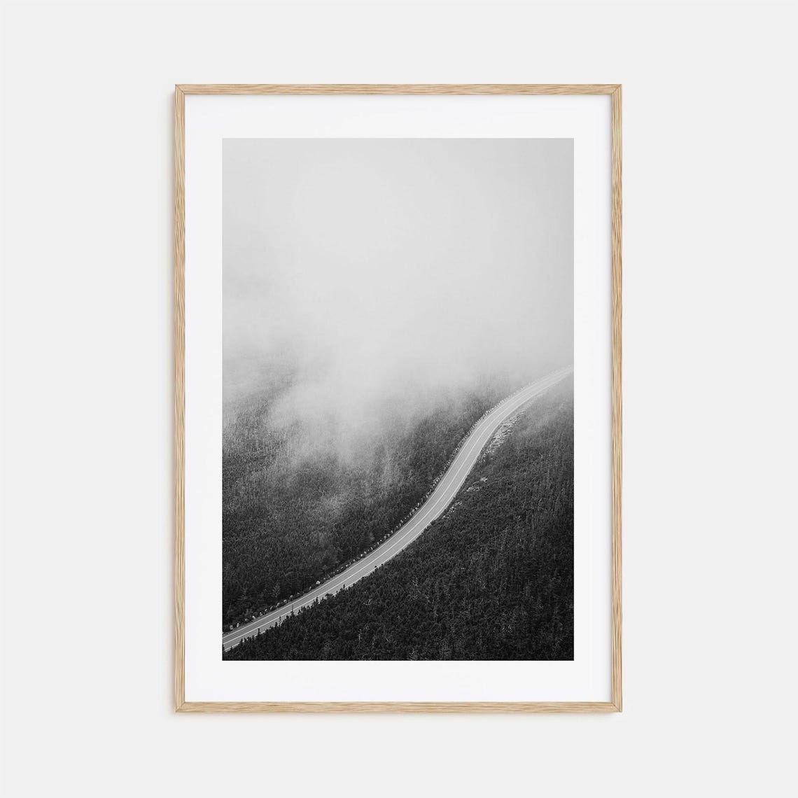 Winding Road Through A Foggy Mountain Forest Black White Photo Poster