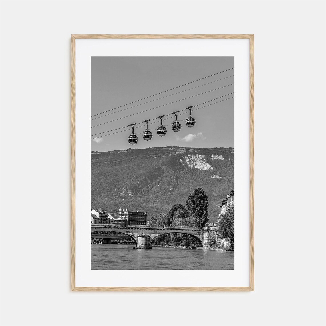 Grenoble Bubble Cable Cars Crossing The River Black White Poster