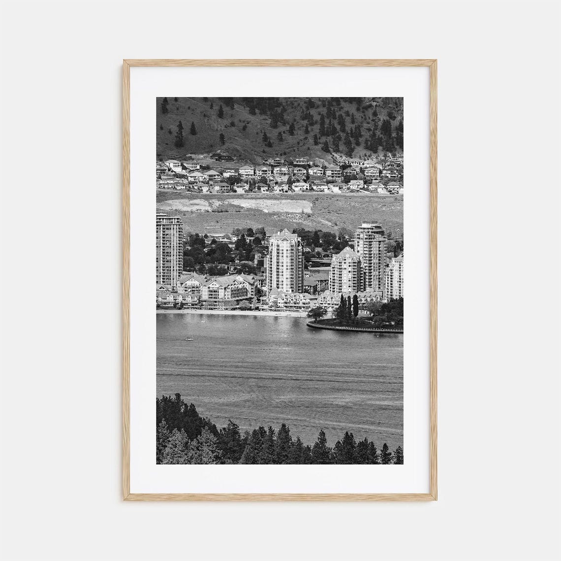 Lakeside City Skyline With Forested Hills Black And White Poster