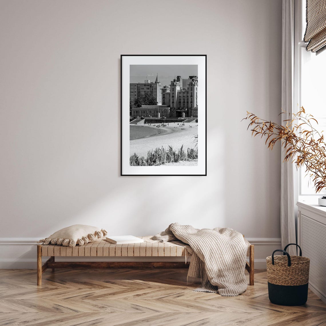 Montevideo Rambla Beach Historic Buildings Black And White Poster - Image 2