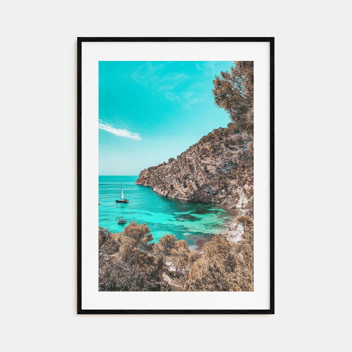 Mallorca Turquoise Bay Sailboats Rocky Cove Coastline Poster
