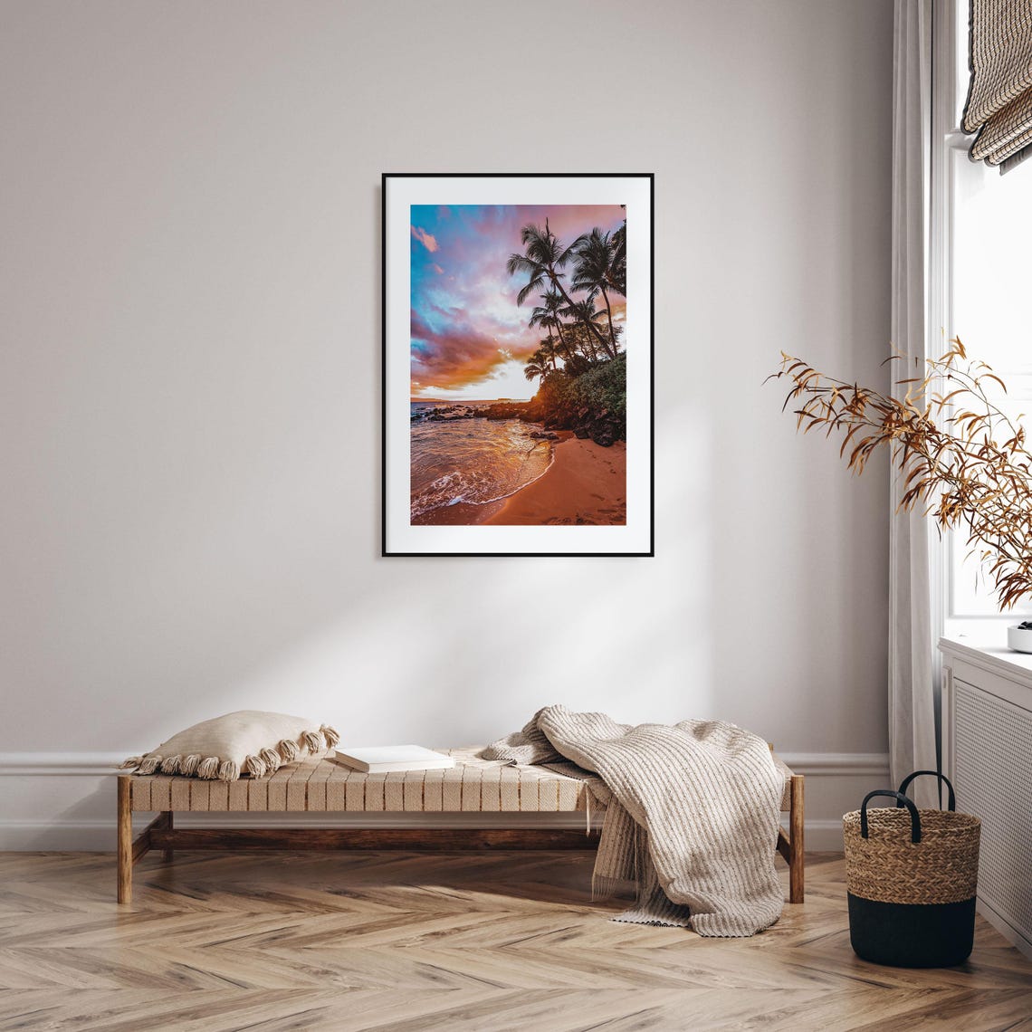 Hawaii Tropical Beach with Palm Trees at Golden Sunset Print - Image 2