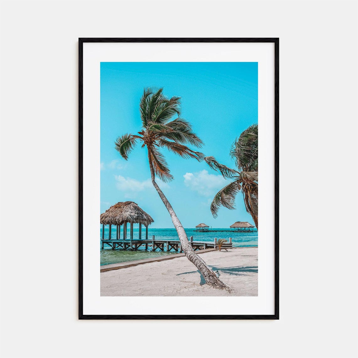 Belize Tropical Beach With Palm Trees And Thatched Pier Photo Poster