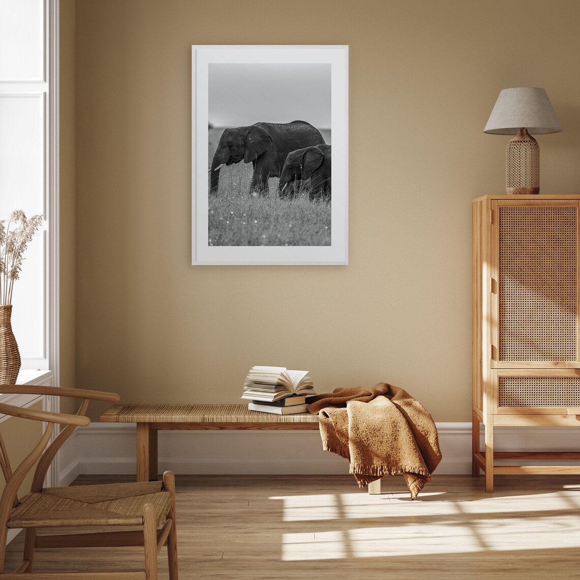 Elephant Mother And Calf Walking In Savanna Black And White Poster - Image 3