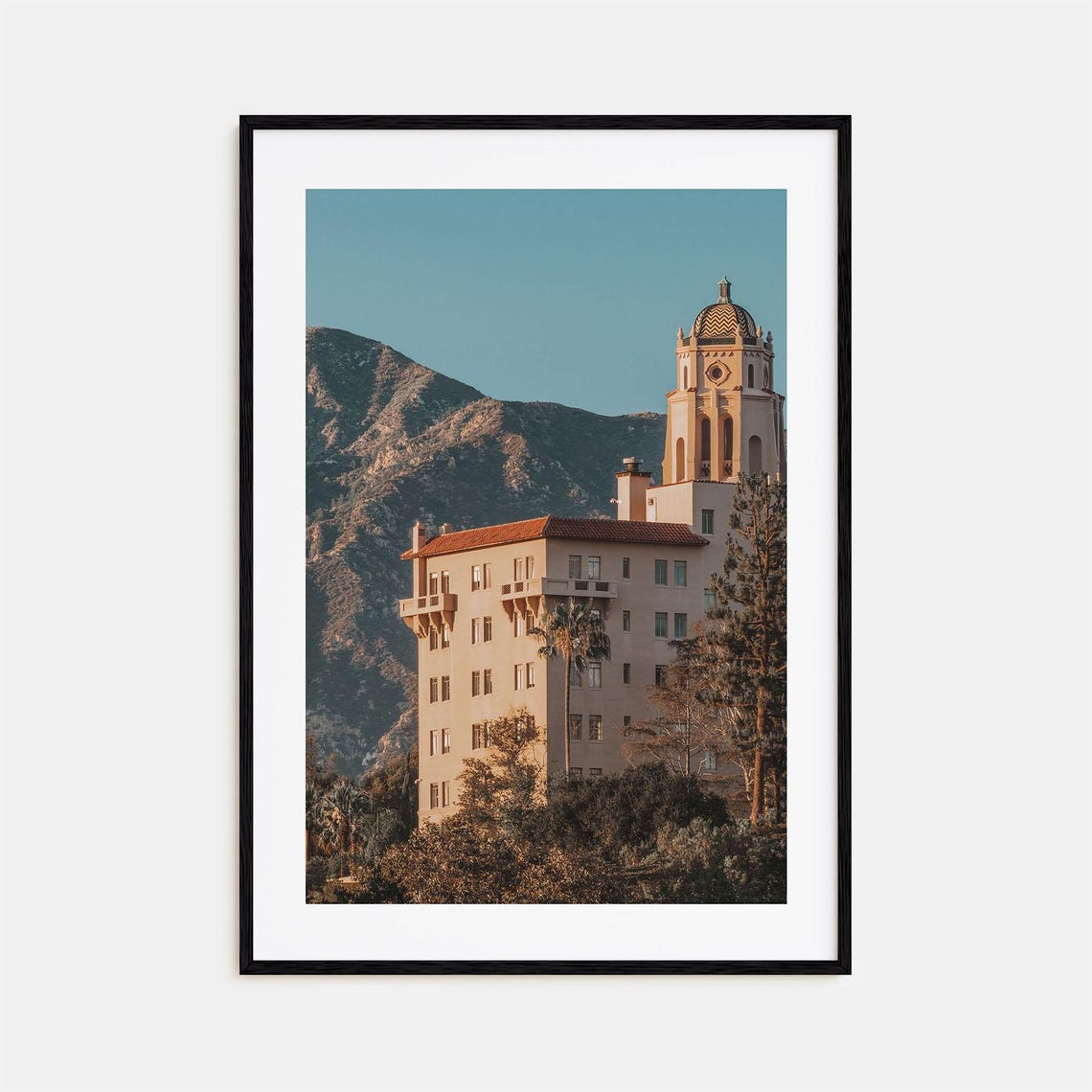 Mediterranean Tower with Patterned Dome Against Mountains Print