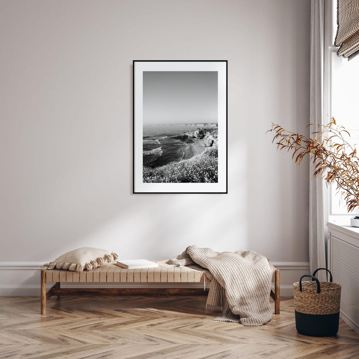 La Jolla California Coastal Cliffs Wildflowers Black and White Poster - Image 2