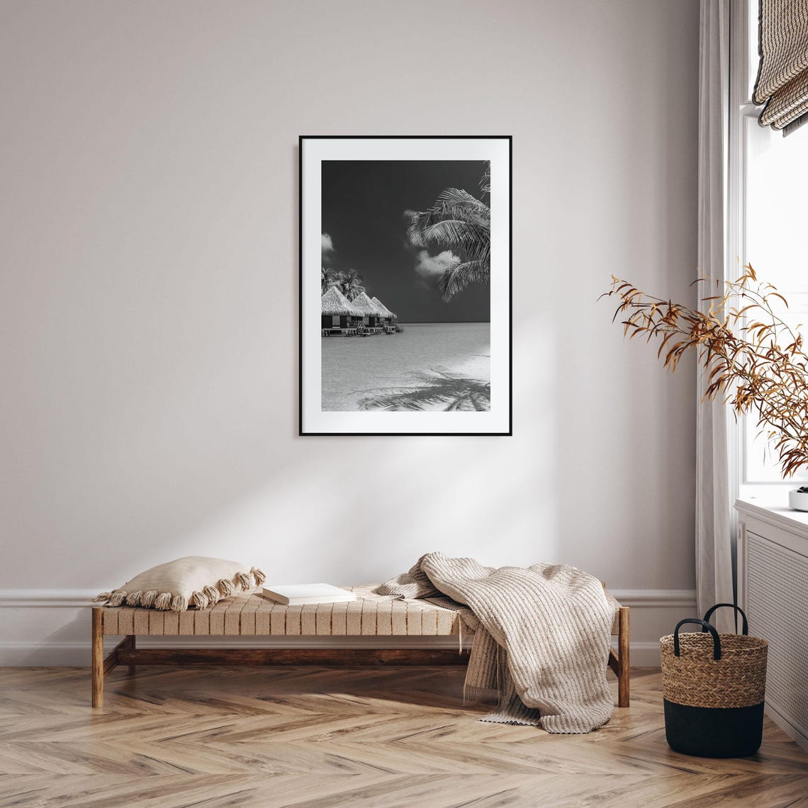 Maldives Overwater Bungalows Palm Beach Black and White Poster - Image 2