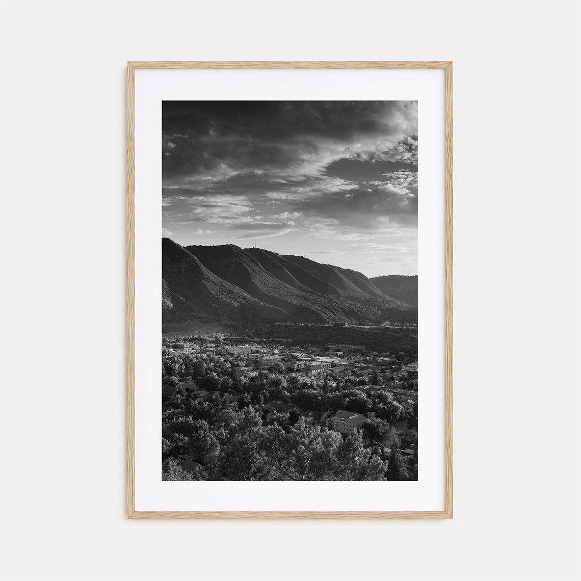 Mountain Town Valley Under Storm Clouds Black and White Poster