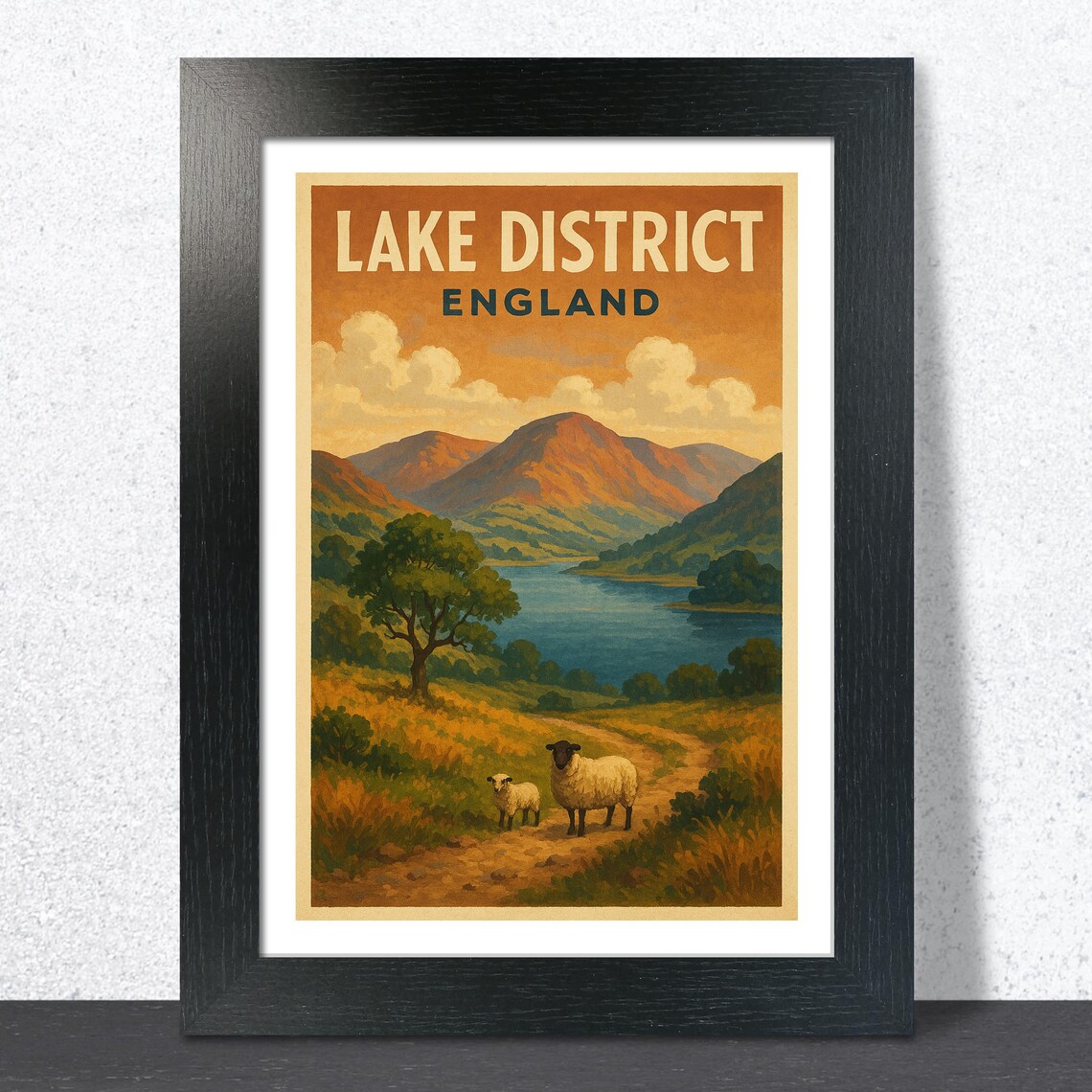Lake District England Sheep Hillside Countryside Vintage Travel Poster