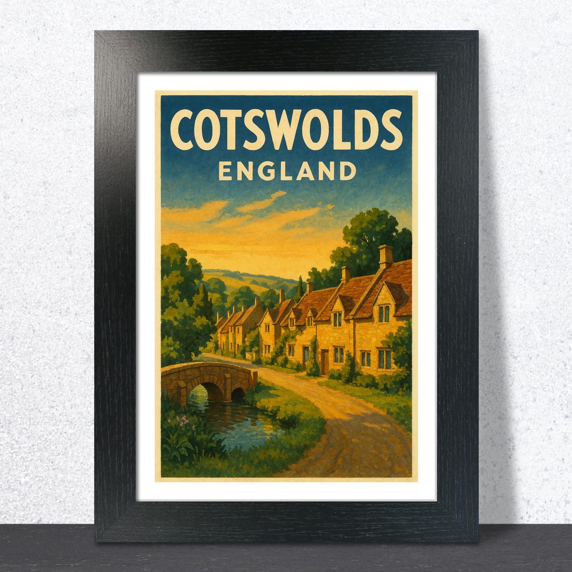 Cotswolds England Vintage Travel Poster Stone Cottages Sunset View