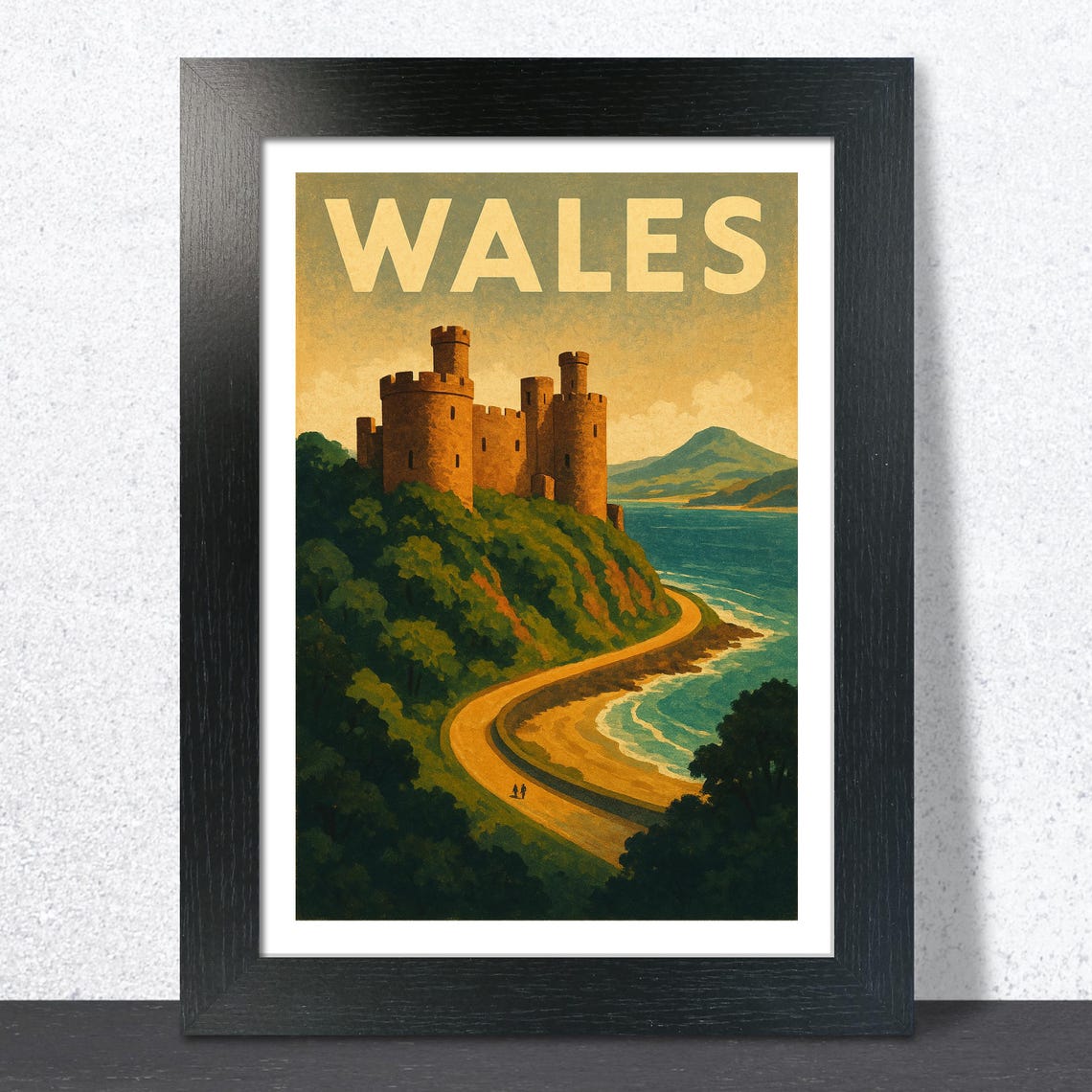 Wales Coastal Castle Winding Shore Road Vintage Travel Poster
