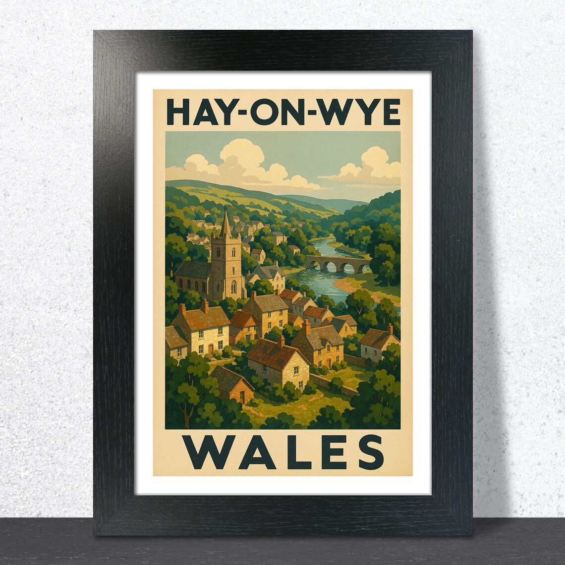 Idyllic Hay-on-Wye Wales Vintage Riverside Book Town Travel Poster